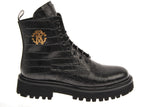 Crocodile Embossed Gold Crest Lace Up Boot