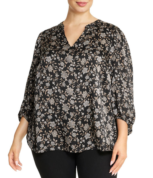 Plus Size Chennai Floral V-Neck Blouse with Puff Sleeves
