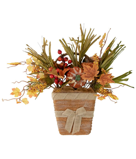 19" Artificial Fall Harvest Foliage with Bow Wall Basket Brown