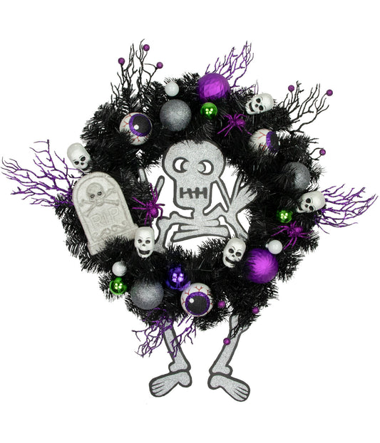 Purple and Black Spooky Skeleton Pine Halloween Wreath 24-Inch Unlit
