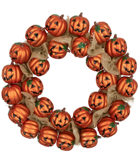 Jack-O-Lantern and Burlap Ribbon Halloween Wreath 20-Inch Unlit