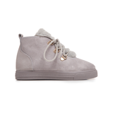 Suede Lace-Up Sneaker Booties with Faux-Fur in Gray