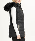 Zip Front Vest with Faux Fur Trim Hood Black