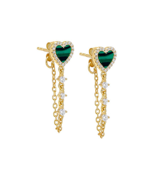 Tiny Pave Colored Gemstone Drop Chain Stud Earring Malachite