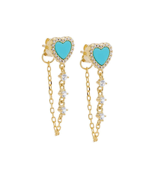 Tiny Pave Colored Gemstone Drop Chain Stud Earring Turquoise