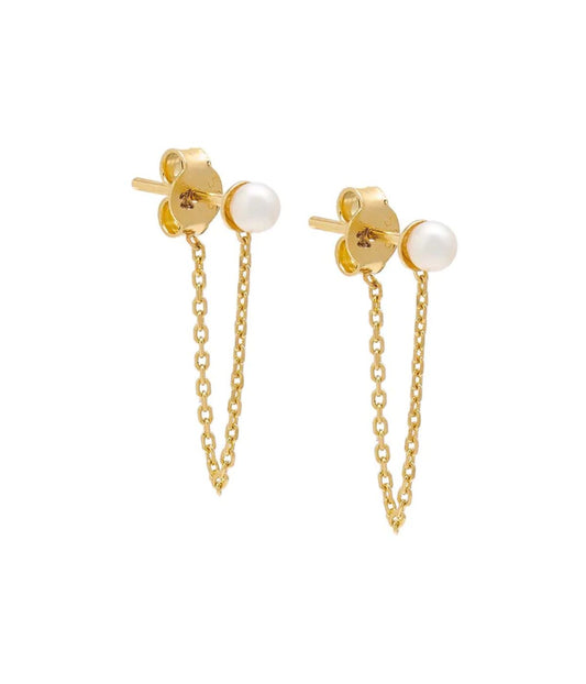 Pearl Chain Front Back Stud Earring 14K Gold