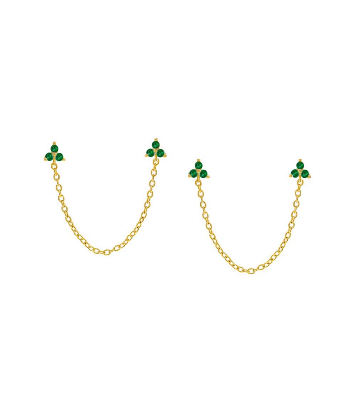 Double Trio Cluster Chain Stud Earring Emerald Green