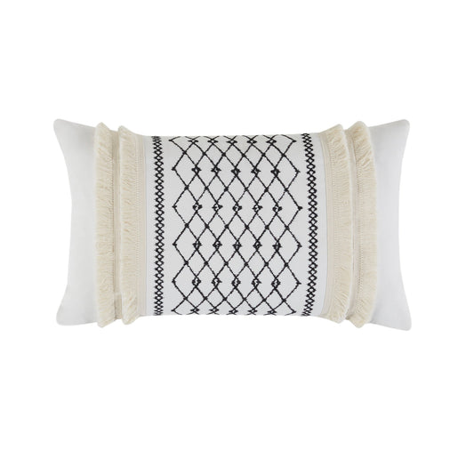 Bea Embroidered Cotton Oblong Pillow with Tassels Ivory