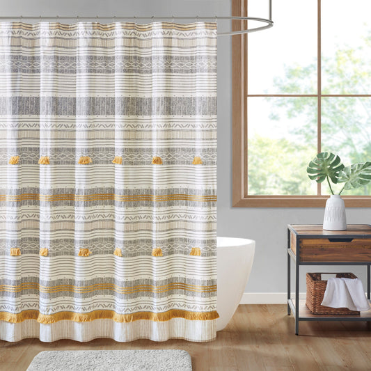 Cody Cotton Stripe Printed Shower Curtain with Tassel Gray & Yellow