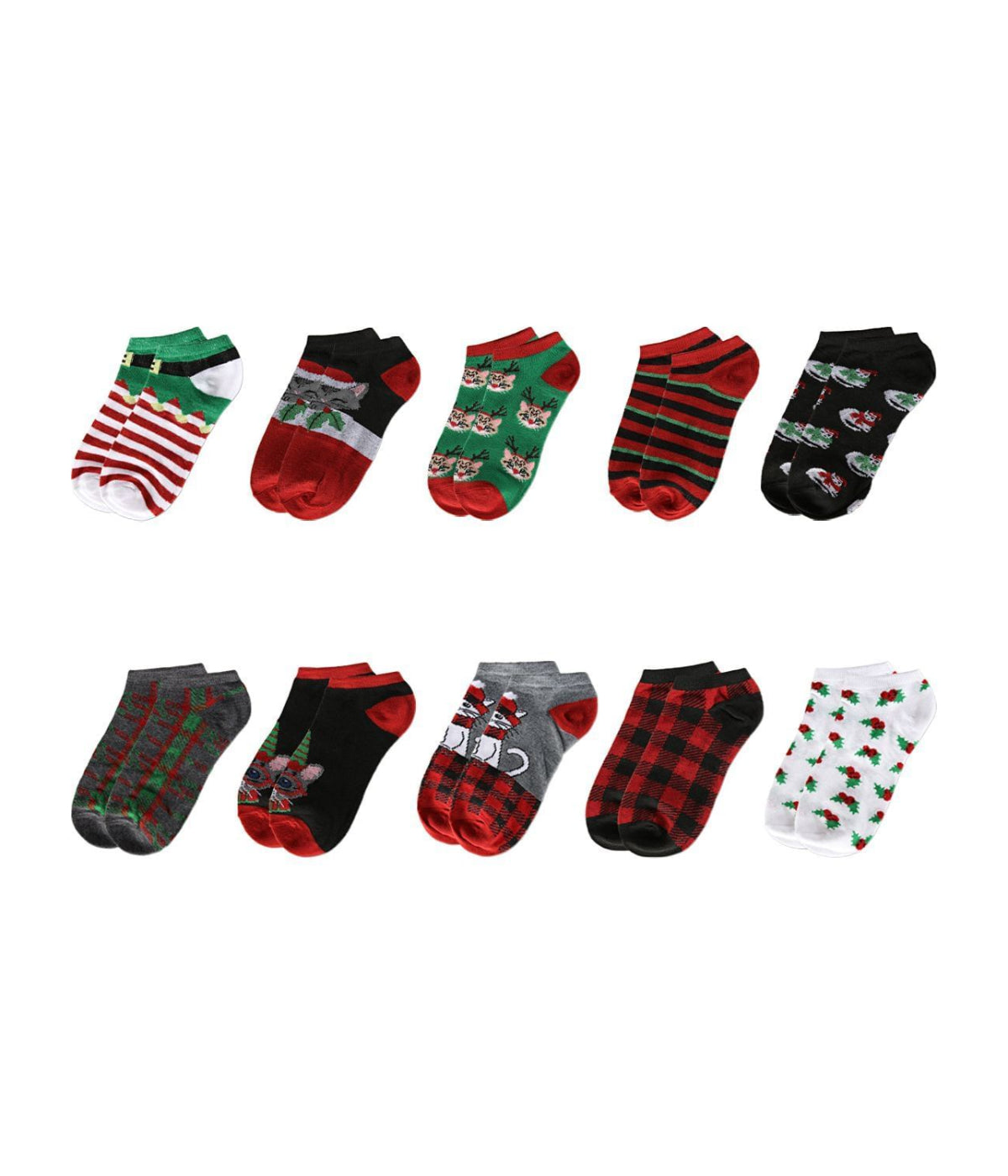 10 Pair Women's Holiday Kitty Low Cut Socks Med Gray Heather