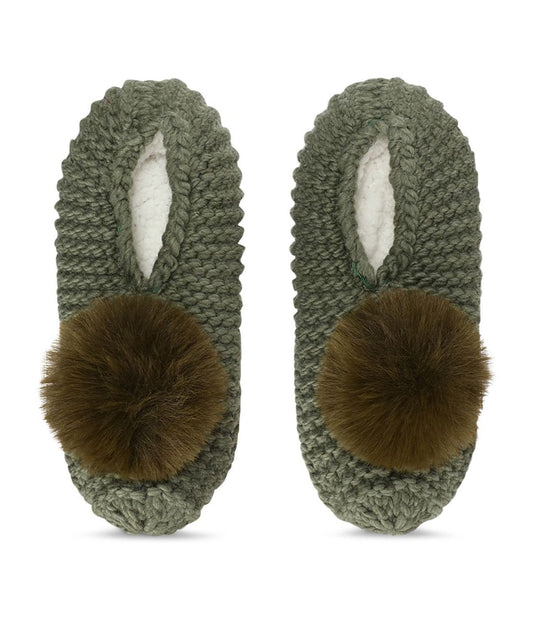 Women's Pom Pom Recycled Knit Sherpa Lined Slippers Moss Green