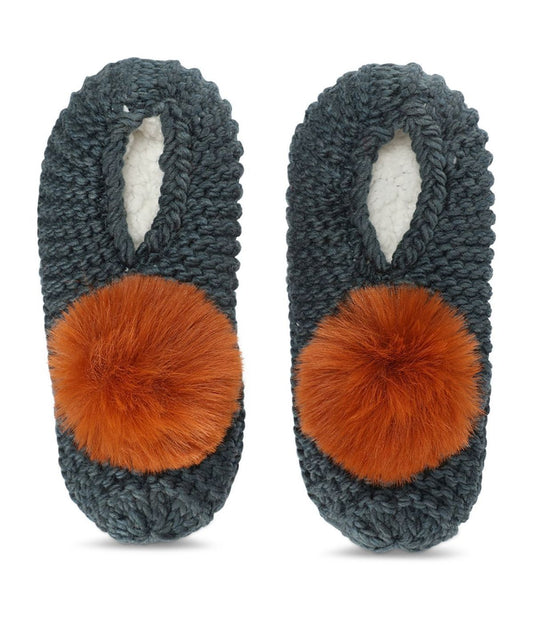 Women's Pom Pom Recycled Knit Sherpa Lined Slippers Teal
