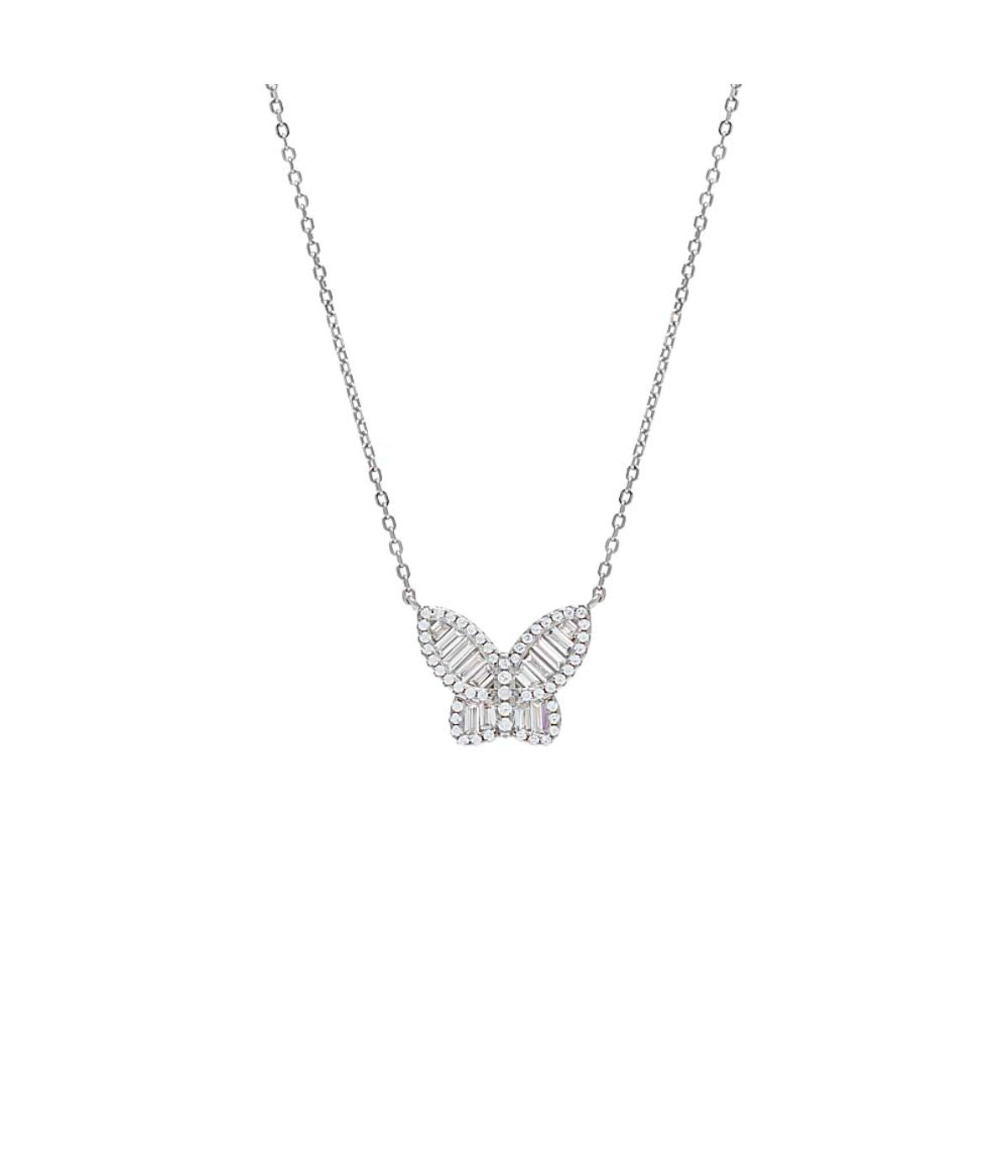 Small Pave X Baguette Butterfly Necklace Silver