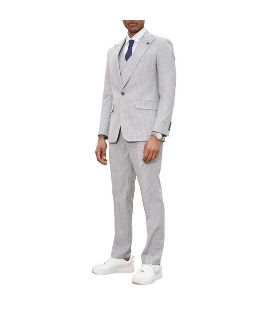 Mens Three Piece Windowpane Peak Lapel Suit With Matching Double Breasted Vest Light Grey