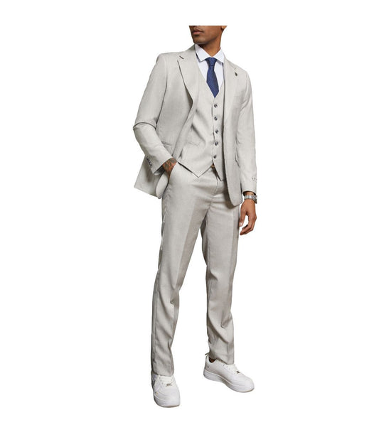 Mens Three Piece Solid Texture Notch Lapel Suit With Matching Vest 1 Light Grey