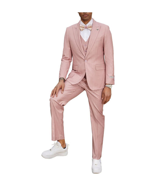 Mens Three Piece Pinstripe Peak Lapel Suit With Matching Vest Pink