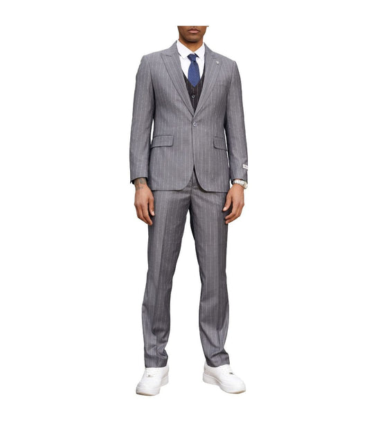 Mens Three Piece Pinstripe Peak Lapel Suit With Matching Vest Grey