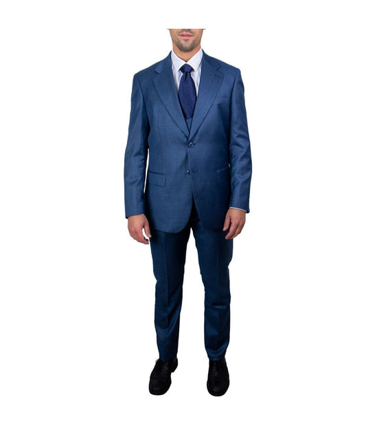 Mens Three Piece Sharkskin Notch Lapel Suit With Matching Vest Indigo