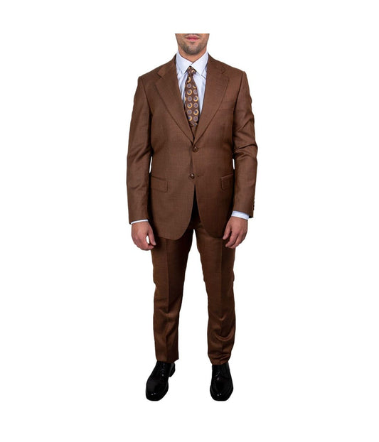 Mens Three Piece Sharkskin Notch Lapel Suit With Matching Vest Light Brown