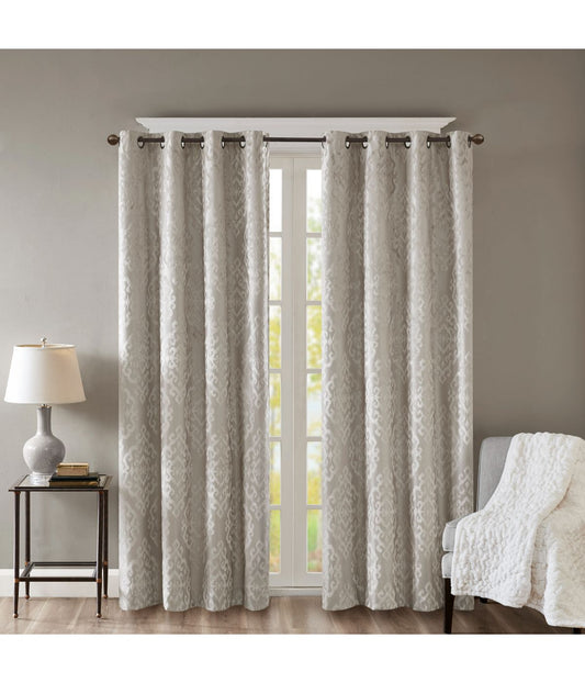 Azalea Knitted Jacquard Damask Total Blackout Grommet Top Curtain Panel Silver