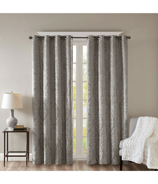 Azalea Knitted Jacquard Damask Total Blackout Grommet Top Curtain Panel Charcoal