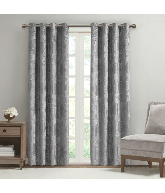 Enid Knitted Jacquard Paisley Total Blackout Grommet Top Curtain Panel Grey