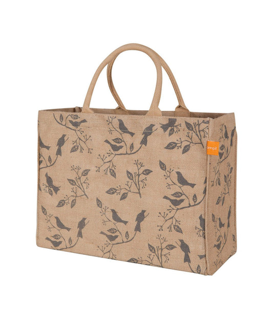Jute Market Tote Bag with Birds Print Brown