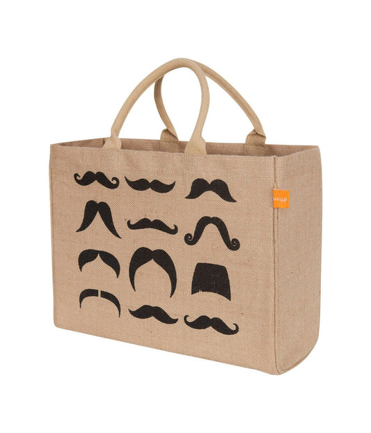 Jute Market Tote Bag with Mustaches Print Brown