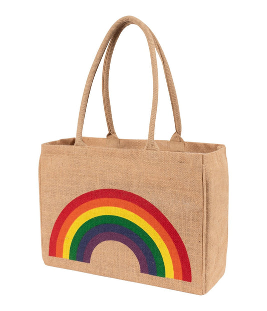 Jute Market Tote Bag with Rainbow Print Brown