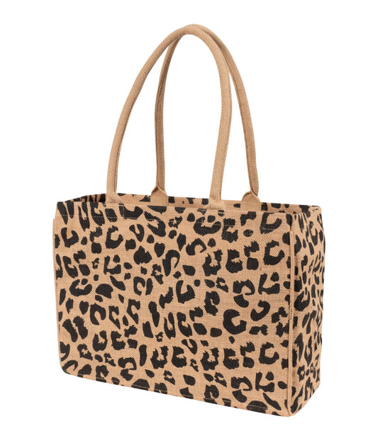 Jute Market Tote Bag with Leopard Print Brown