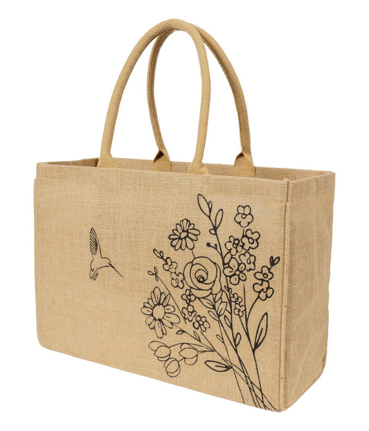 Jute Market Tote Bag with Hummingbird Print Brown