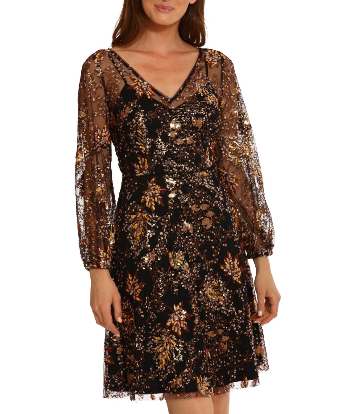 Knee Length Lace Dress With Mesh Gold Multi