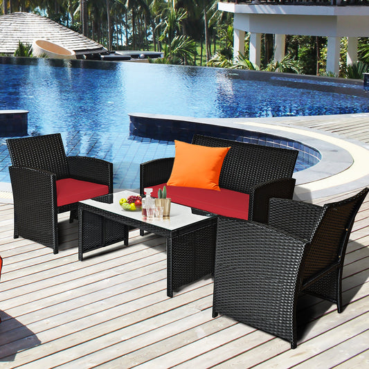 Black Rattan Furniture Set with Glass Table Top Set of 4