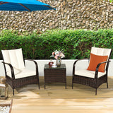 3 Piece Rattan Coffee Table & 2 White Cushioned Chairs