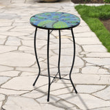 19" Blue and Green Peacock Glass Patio Side Table