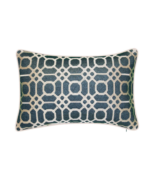 Raffia Geometric Embroidery Decorative Lumbar Pillow White/Navy