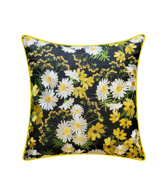 Embroidered Floral Print Pillow Black Multi