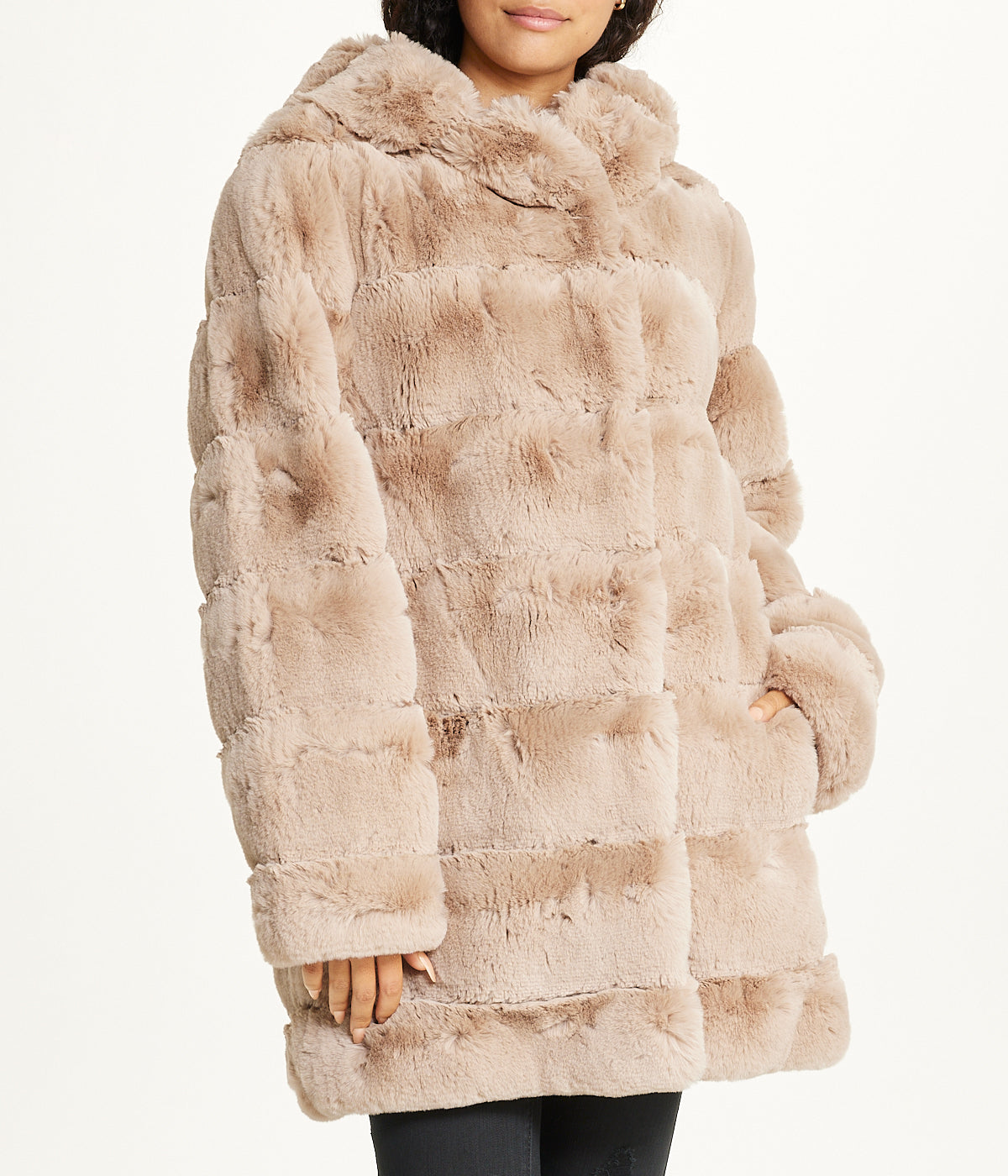 Long Faux Fur With Hood Hazelnut