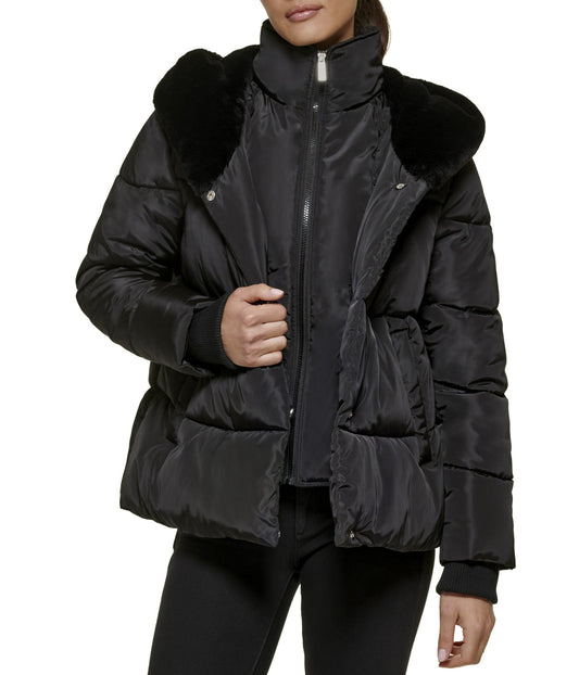 Faux Memory Short Puffer W Plush Faux Fur Trimmed Hood