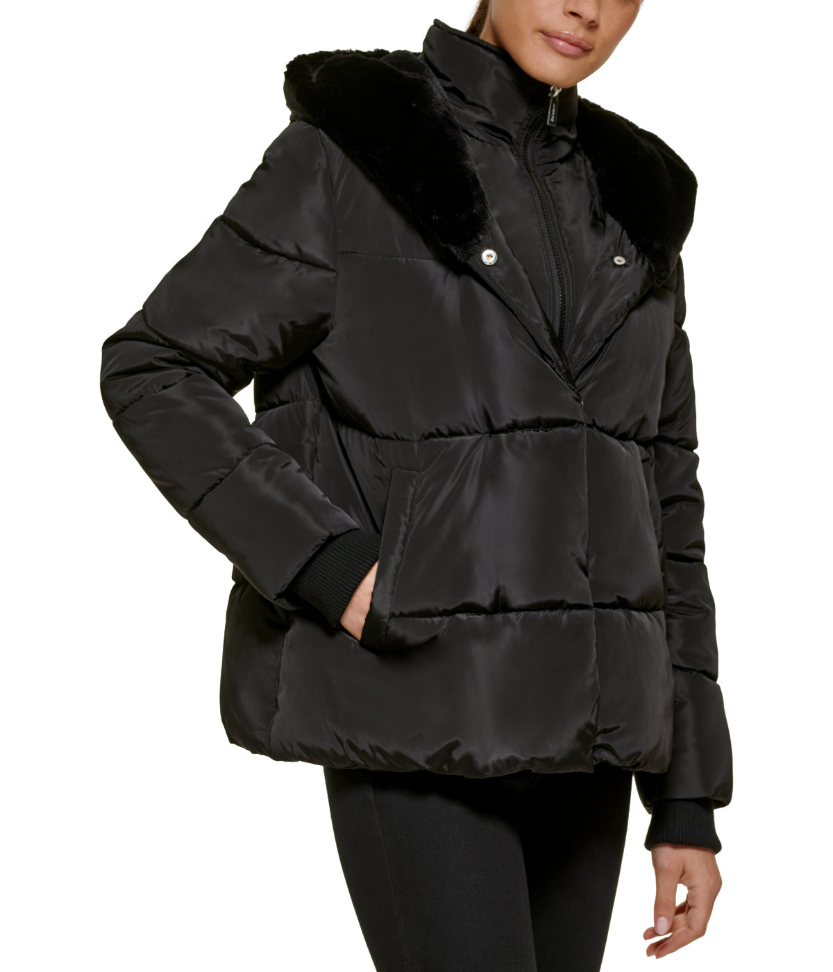 Faux Memory Short Puffer W Plush Faux Fur Trimmed Hood