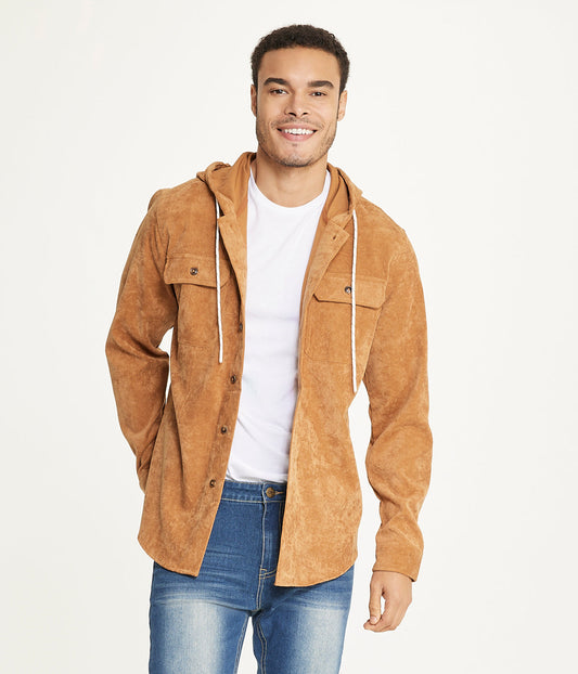 Men's Long Sleeve Corduroy Hooded Shirt Jacket