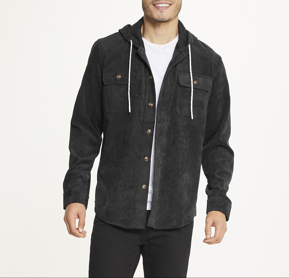 Men's Long Sleeve Corduroy Hooded Shirt Jacket