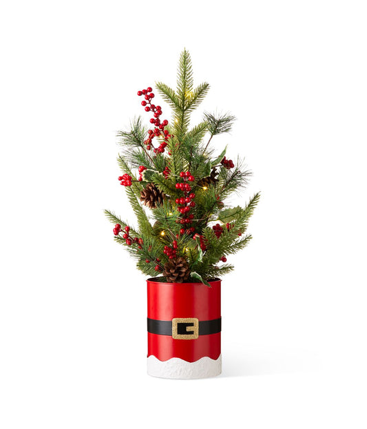 Lighted Santa Belt Potted Table Tree Green