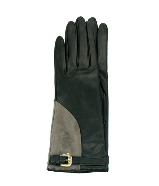 Leather Gloves With Suede Accent And Belt Black/Hematite