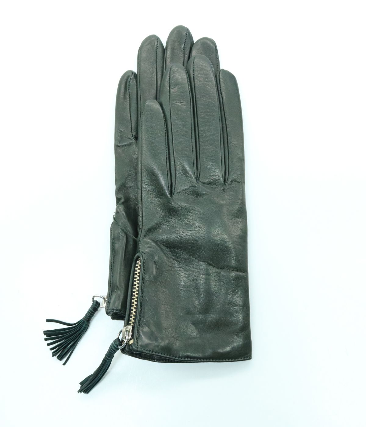 Leather Gloves With Zipper And Tassle Bottle Green