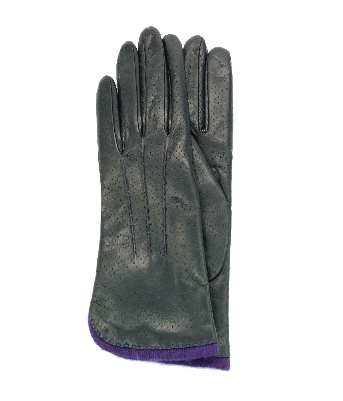 Leather Gloves With Contrast Color Piping Black/Aubergine