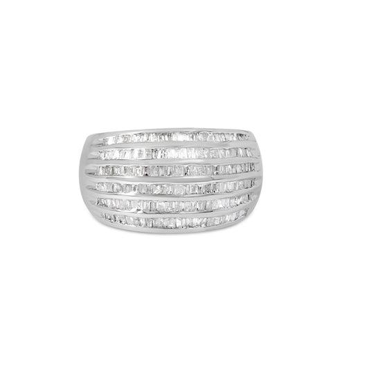 .925 Sterling Silver 1.0 Cttw Baguette-Cut Diamond 6-Row Channel Set Domed Tapered Cocktail Fashion Ring (H-I Color, I2-I3 Clarity)-Size 6-1/2-1