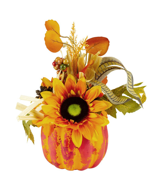 Autumn Harvest Orange and Yellow Floral Pumpkin Decoration Orange