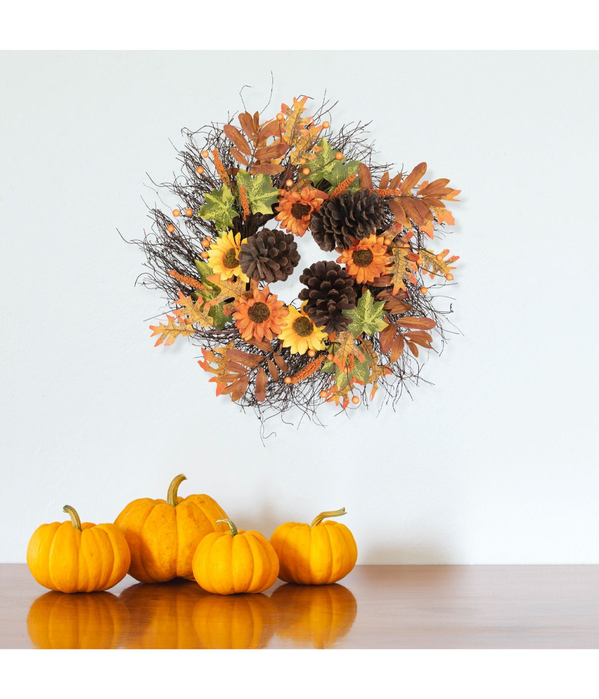 Sunflowers and Pine Cones Fall Artificial Thanksgiving Wreath Orange