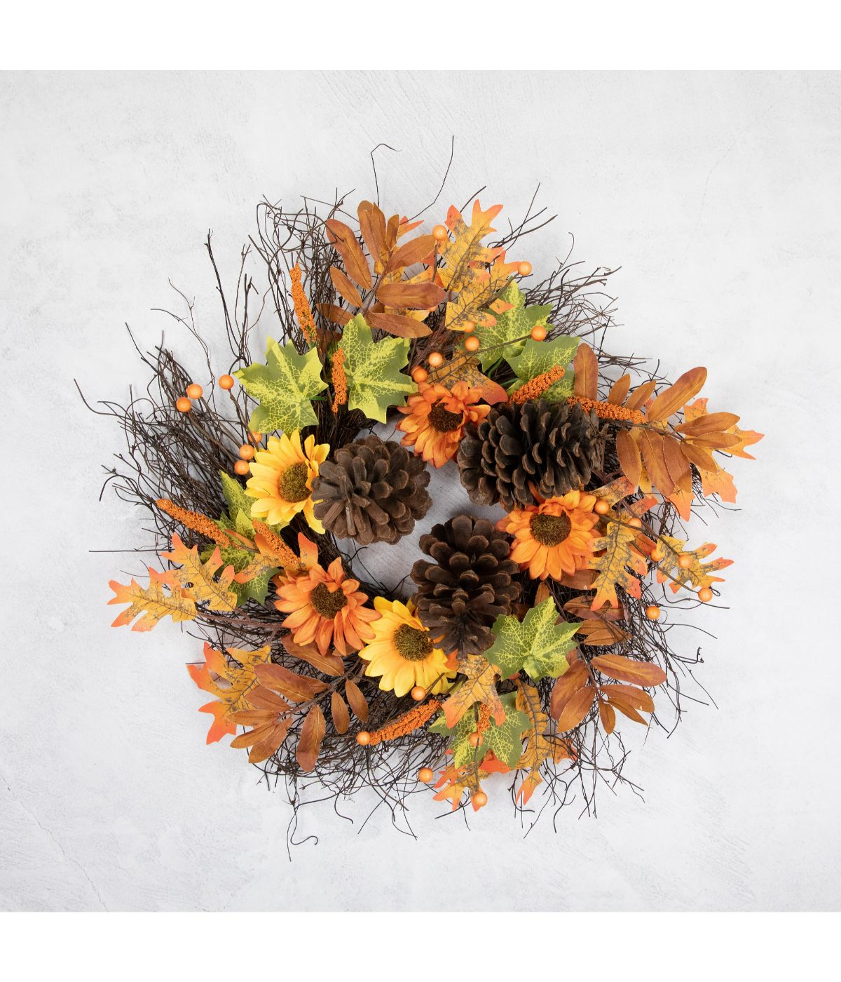 Sunflowers and Pine Cones Fall Artificial Thanksgiving Wreath Orange
